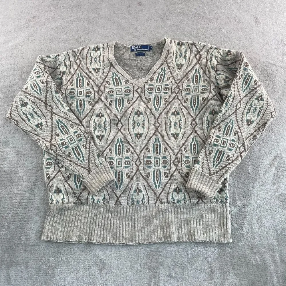 Vintage Polo Ralph Lauren V Neck Sweater Men Medium Aztec Navajo Linen Wool Silk